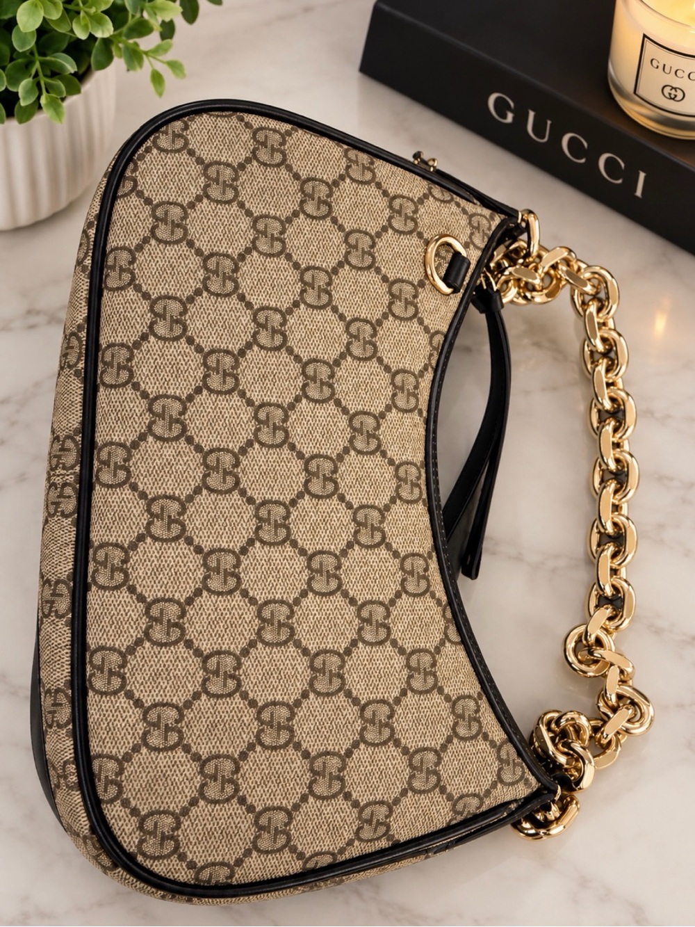 Gucci Beige GG Canvas Shoulder Bag with Gold Chain Trim
